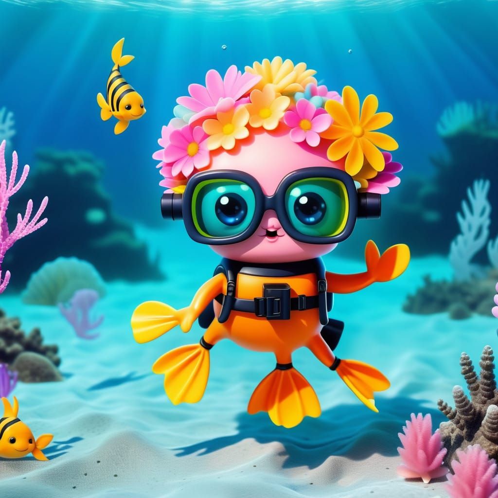Whimsical Flower Creature Explores Underwater Realm