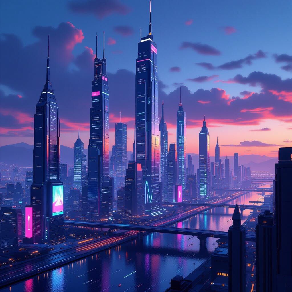 Futuristic Cityscape at Dusk in Cyberpunk Style