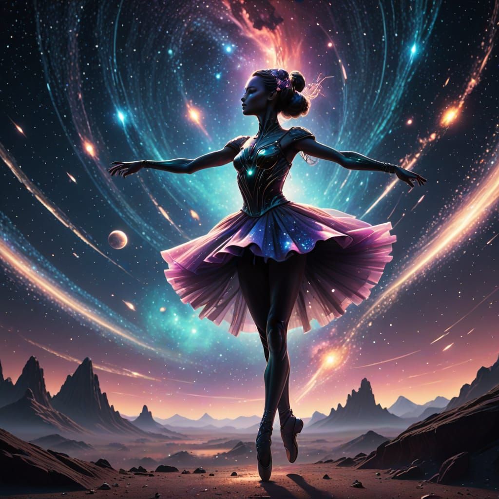 Ballerina Dances Amidst Vibrant Cosmic Nebulae