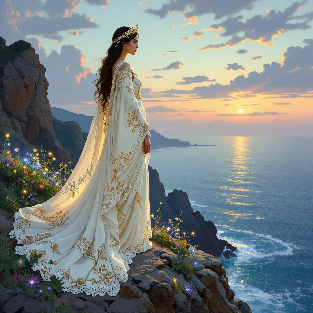 Majestic Queen Overlooking Starry Ocean: Art Nouveau