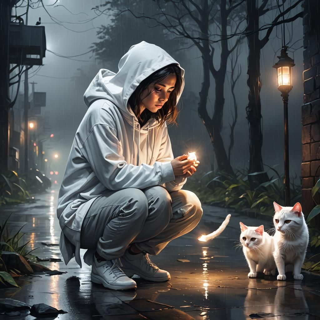 Woman and Cat in Dreamlike Rainy Scene