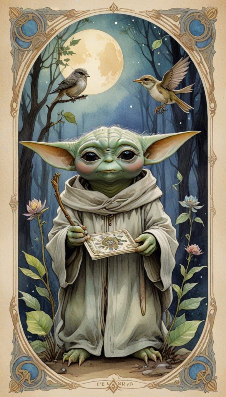 Dreamy Art Nouveau Tarot Card with Whimsical Creatures