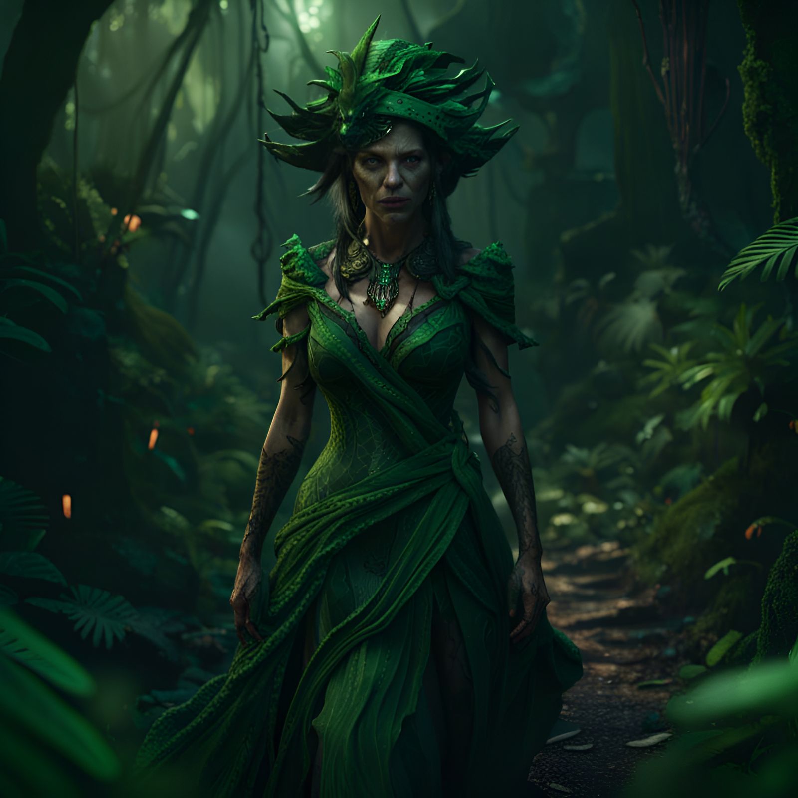 Snake Witch in Dark Jungle, Fantasy Art