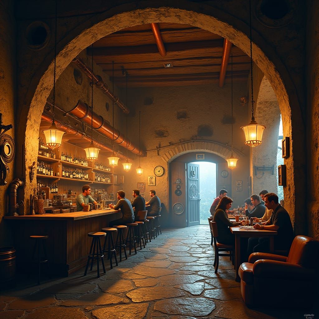 Steampunk Inn Interior with Clockwork and Brass Details