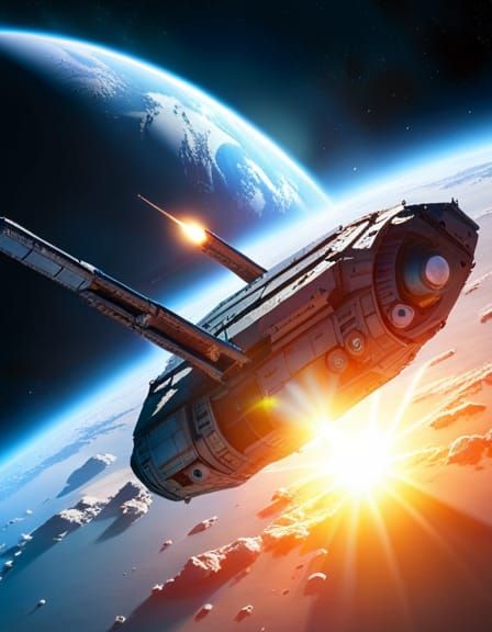 Futuristic Spaceship Over Asteroid Field in Sci-Fi Style