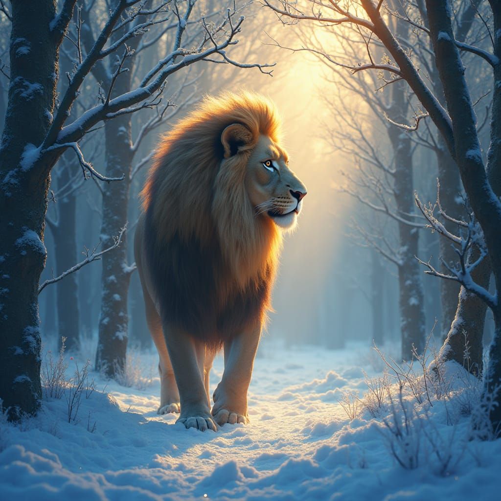 Regal Lion in Golden Light, Frozen Forest of Narnia
