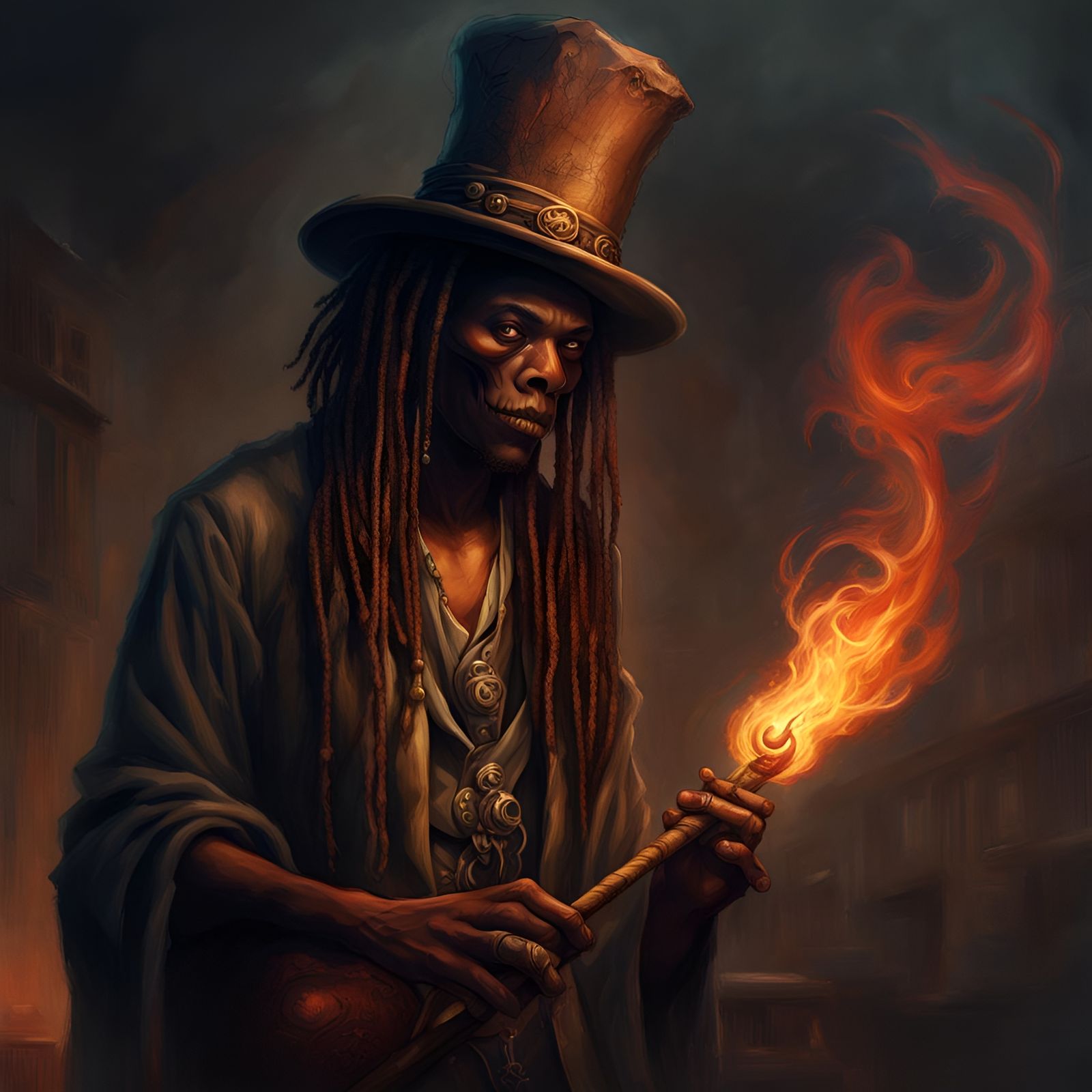 Voodoo Sorcerer with Flaming Staff, Detailed Matte Painting