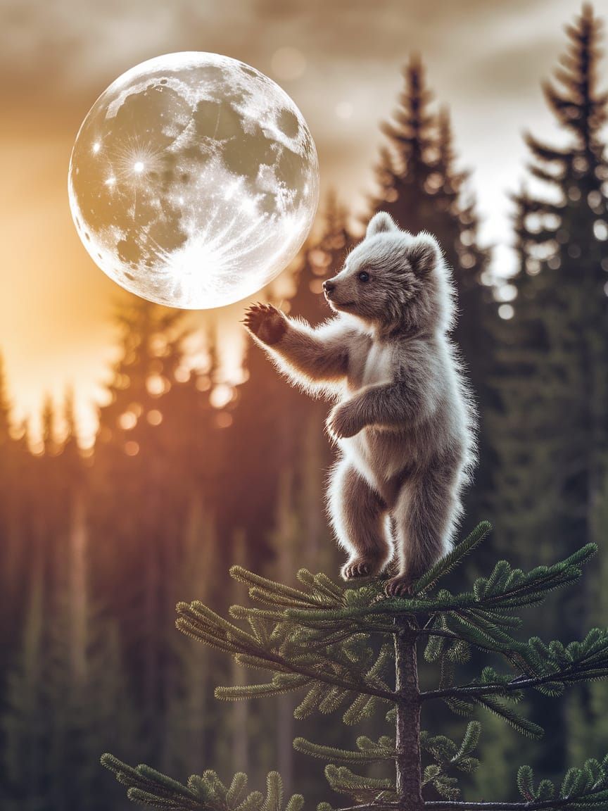 Bear Cub Reaching for Moon in Watercolor Sfumato