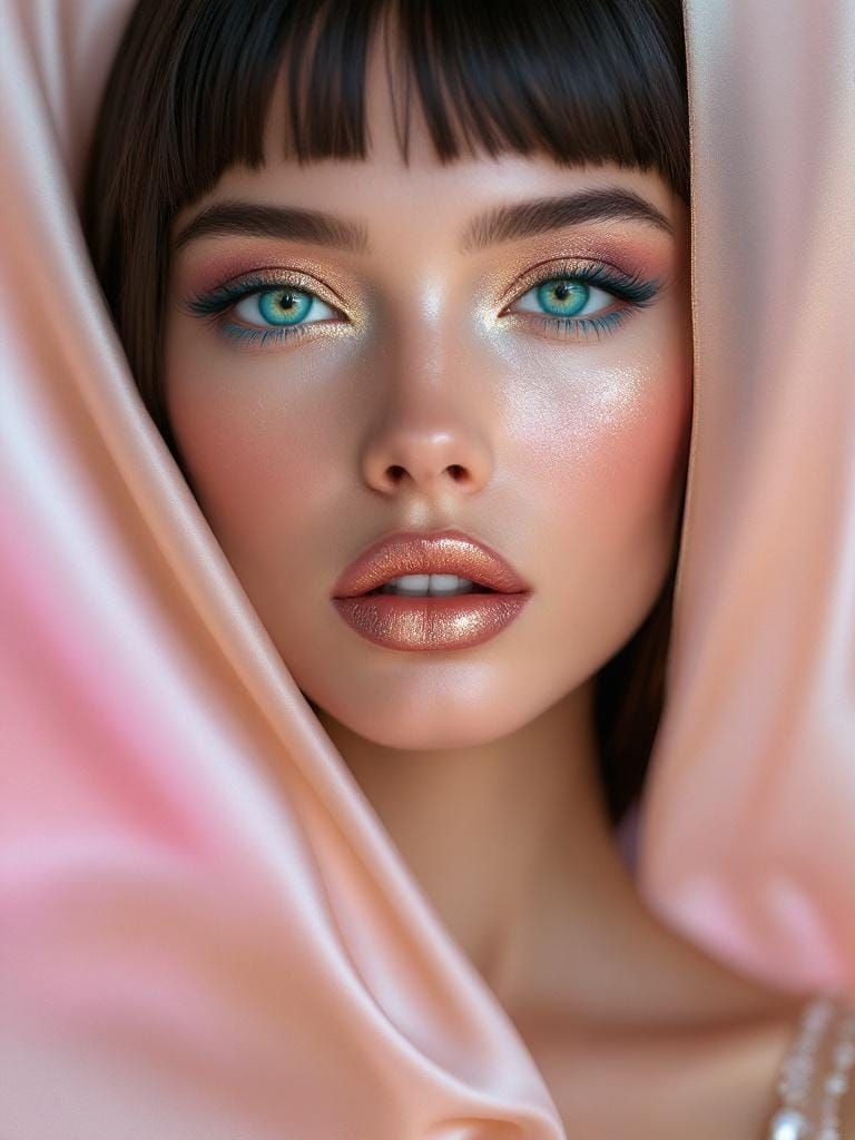 Futuristic Beauty: Model with Metallic Dress and Glitter Lip...