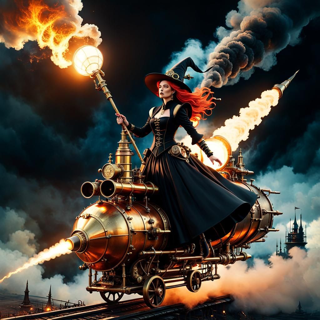 Steampunk Witch Soaring on Steam-Powered Rocket