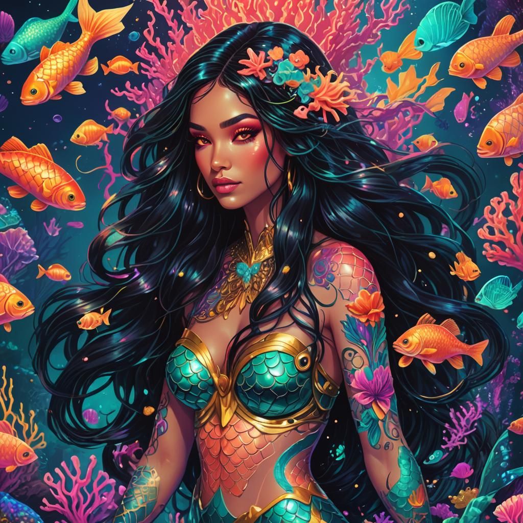 Mermaid in Neon Underwater Kingdom: Synthwave Art