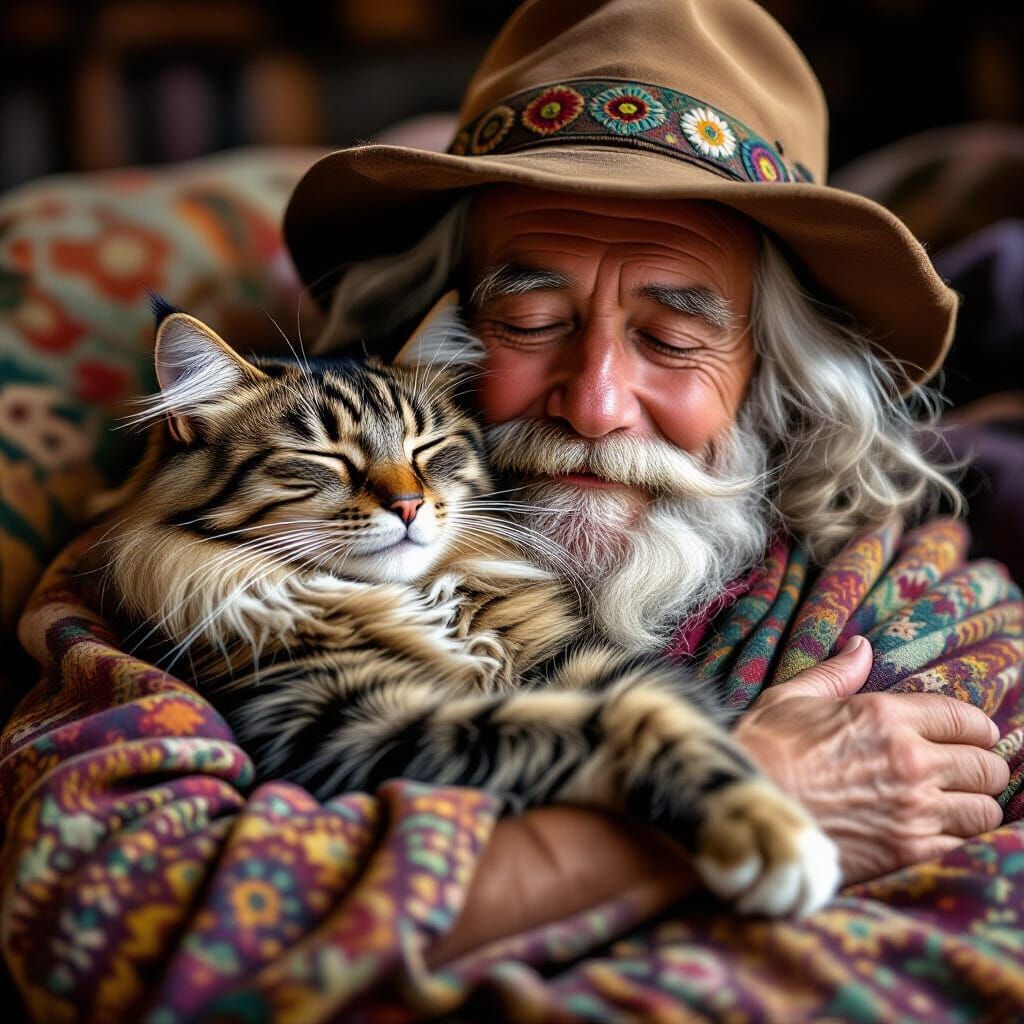 Sleepy Cat Naps in Hippie's Arms