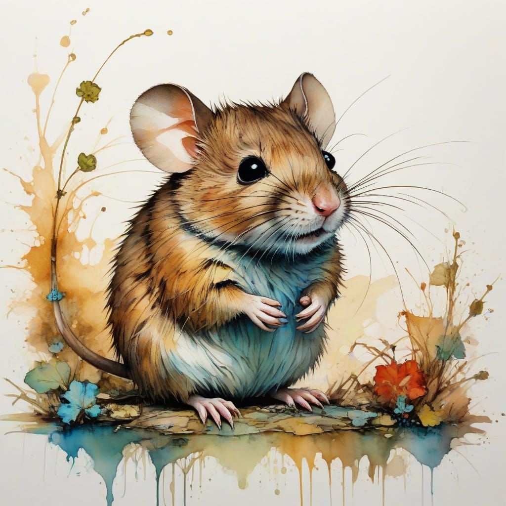 Whimsical Field Mouse in Water-Diluted Ink