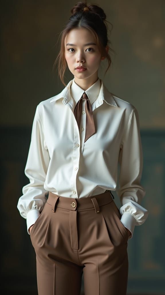 Elegant Woman in Shirt and Tie: 19th-Century Portrait