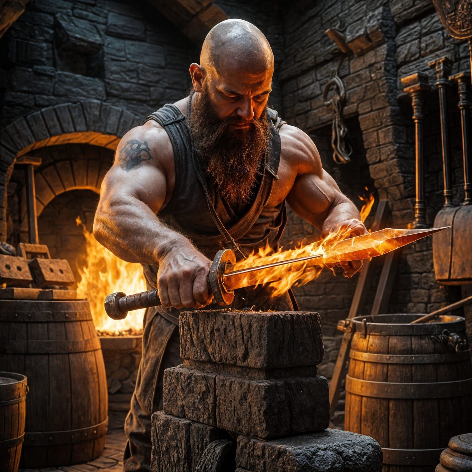 Blacksmith Hammers Away in Ancient Castle Forge