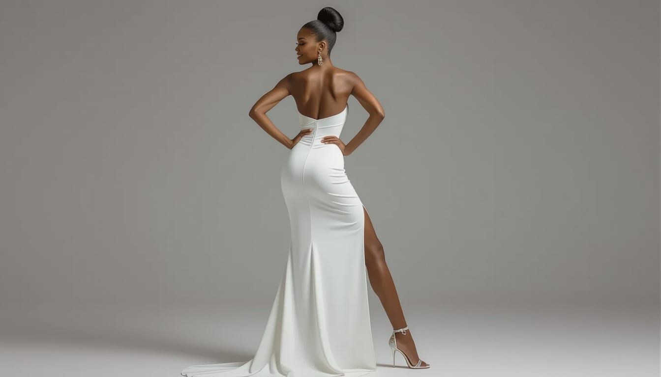 Nigerian Model in White Gown Over Shoulder, Photorealistic