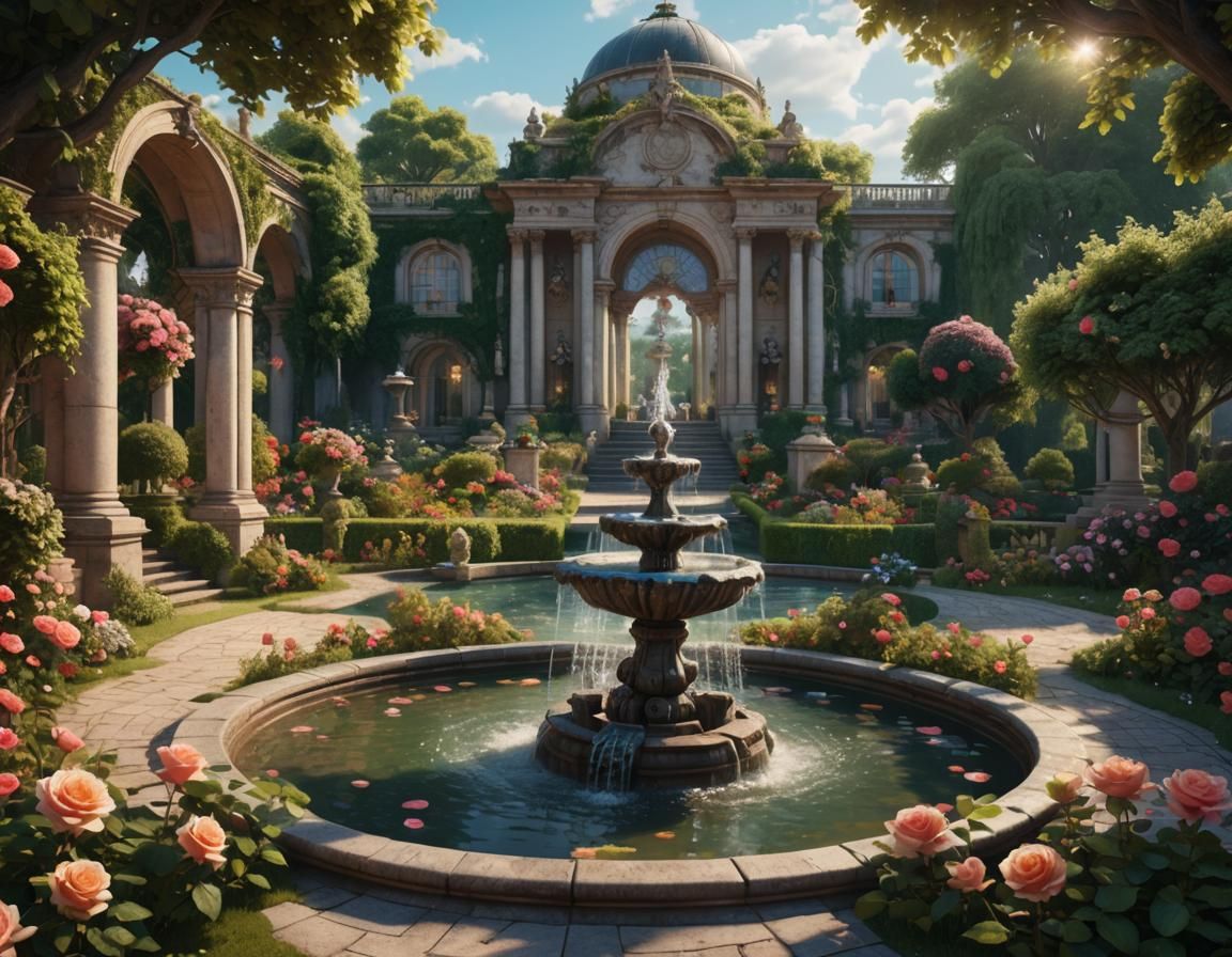 Grand Estate Pleasure Garden with Fountain, Detailed Matte P...