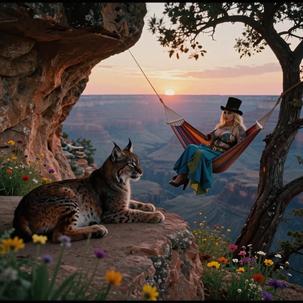 Black Lynx with Woman in Mountain Landscape