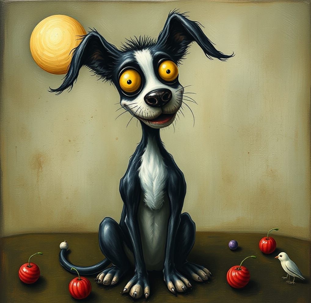 Ethereal Canine Encounter in Whimsical Tim Burton Style