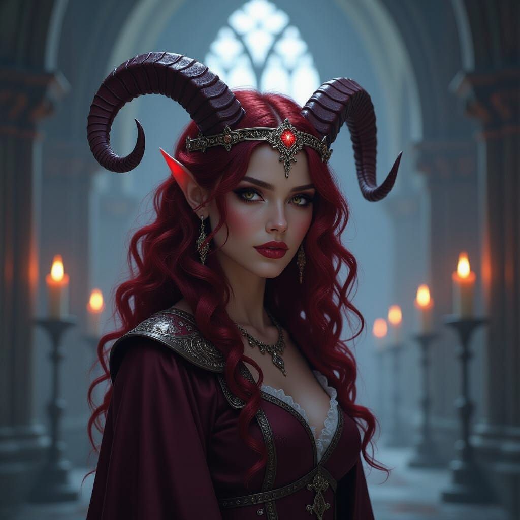 Cinematic Tiefling Portrait with Burgundy Skin and Runes