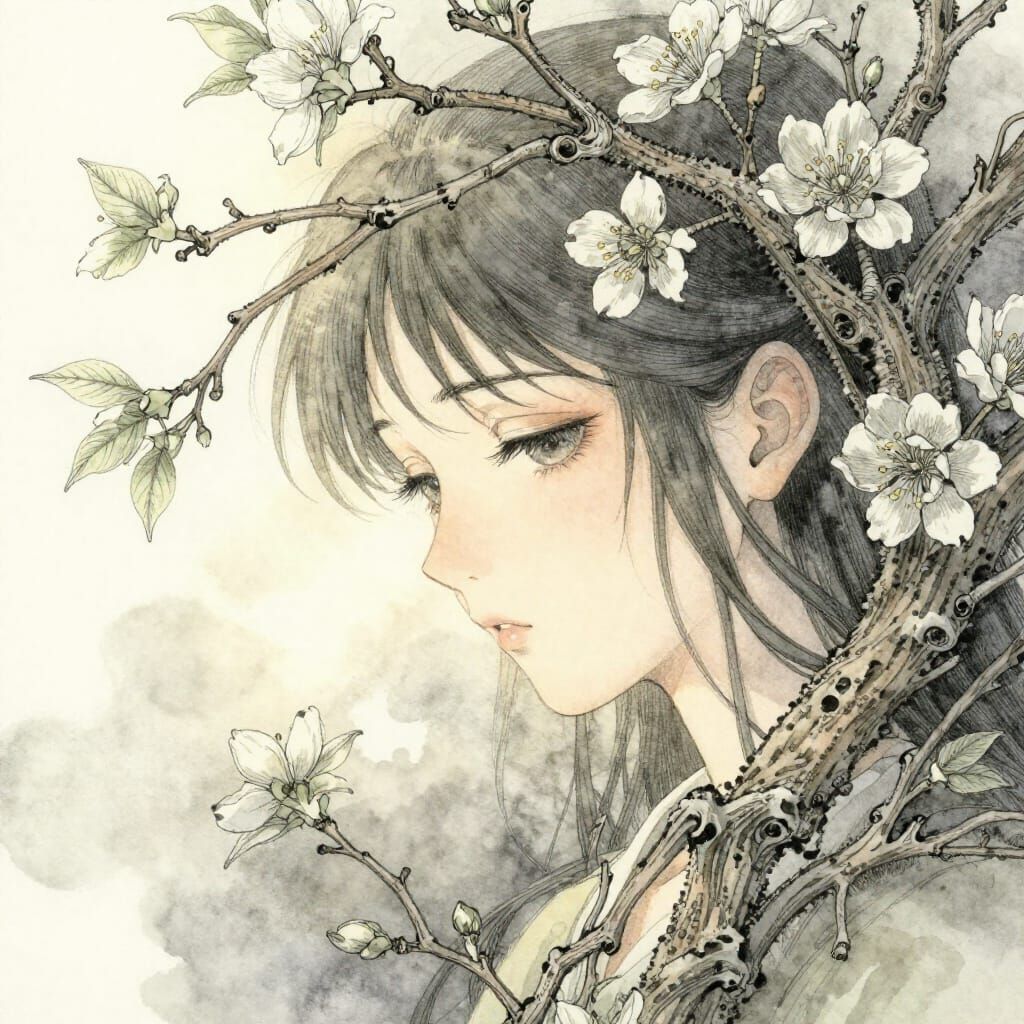 Humanoid Blossoms into Branches in Ethereal Ink and Watercol...