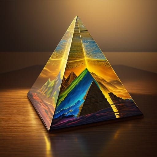 Surreal Wooden Horse Galloping in Glass Pyramid