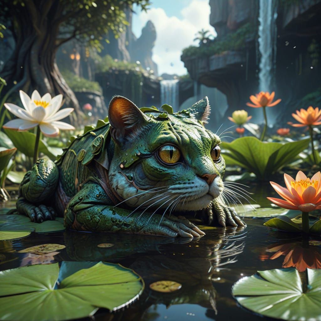 Feline Frogoid in Hyperrealistic Sci-Fi Landscape