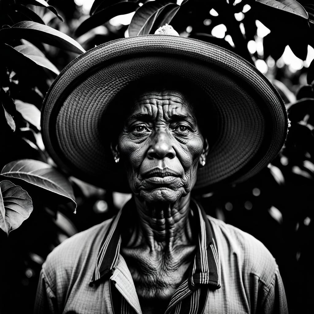 Monochrome Portrait: Exhausted Worker in Plantation Setting