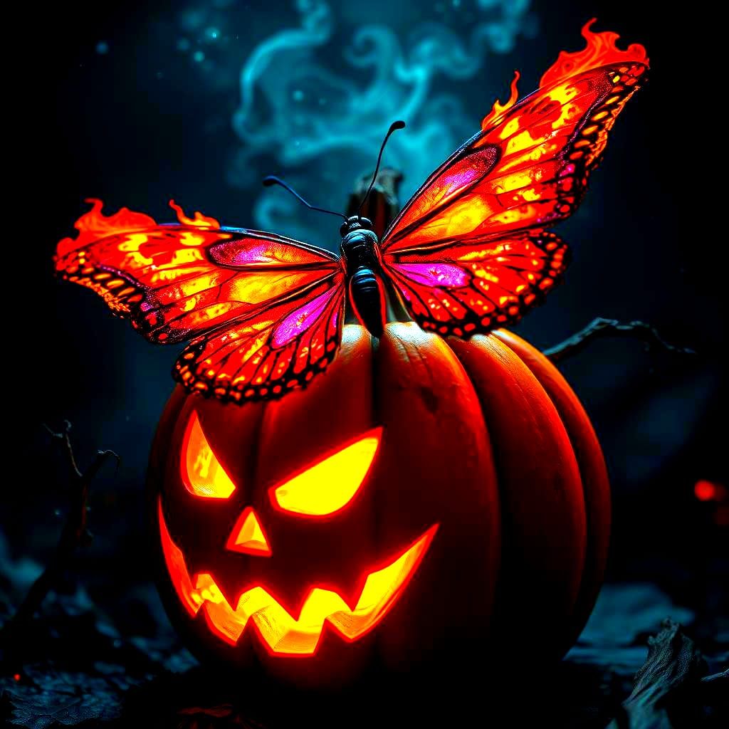 Flaming Fractal Butterfly on Jack-o'-Lantern, Digital Art