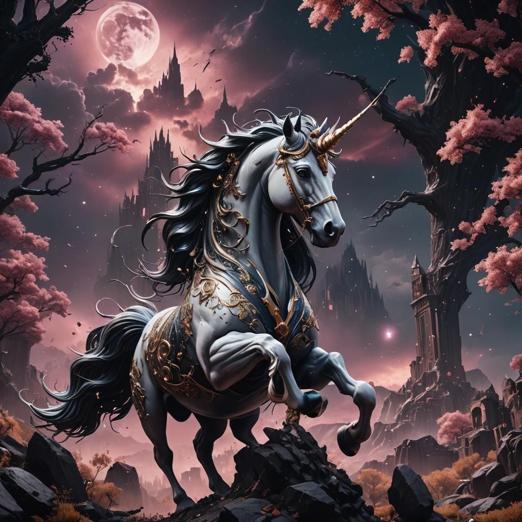 Celestial Unicorn in Noir Style, Detailed Matte Painting