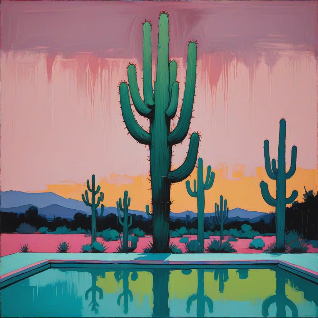 Expressionist Landscape with Cacti and Pool in Rothko Style