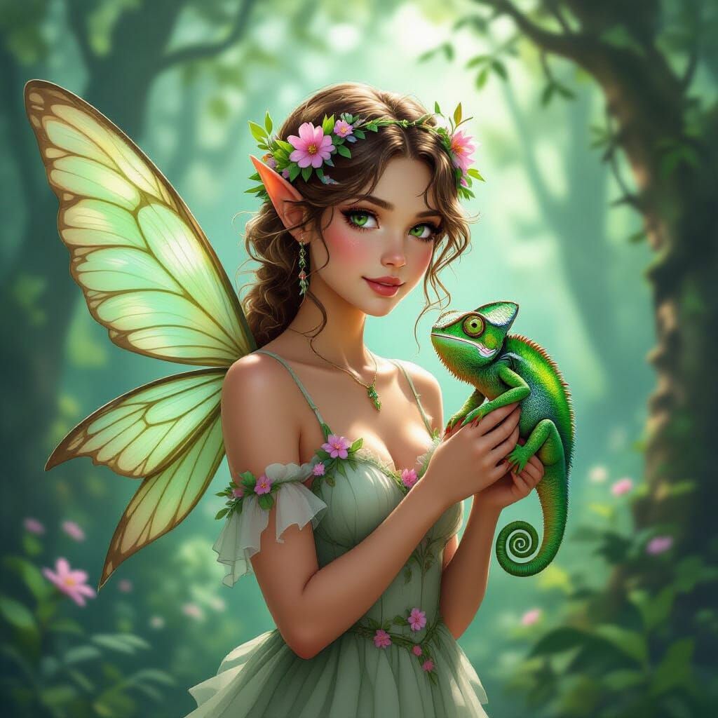 Green Fairy and Chameleon in Whimsical Forest