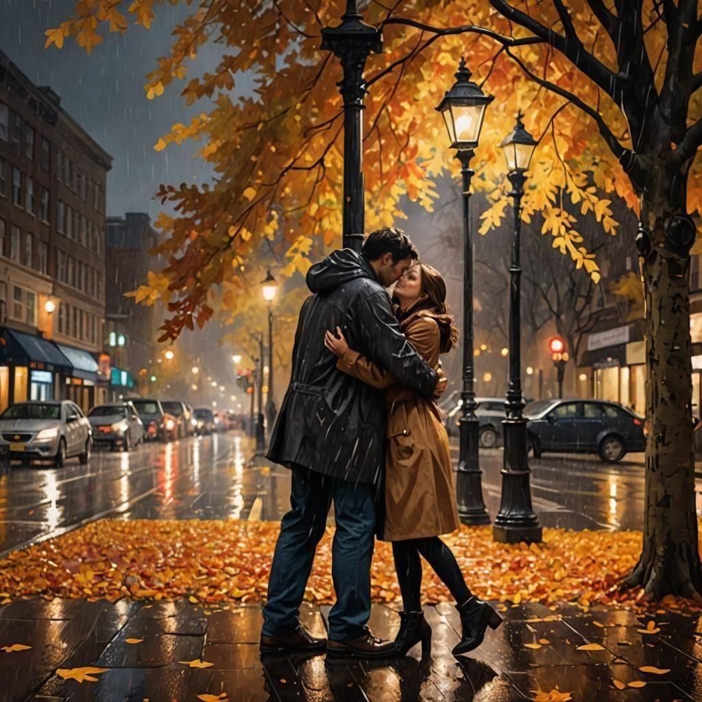 Poignant Farewell: Couple's Embrace in Autumn Rain