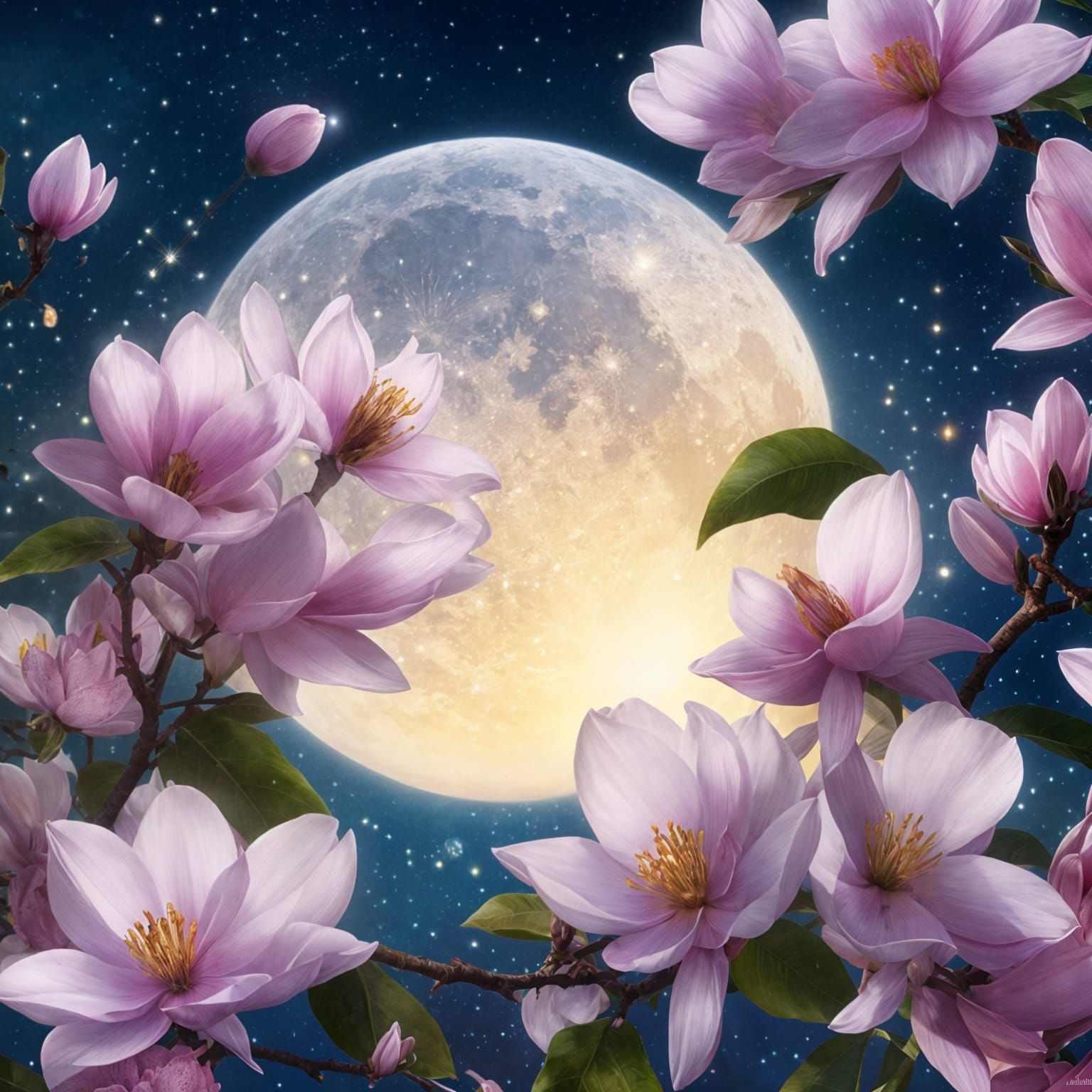 Surreal Magnolias Flourish Under Miracle Moonlight