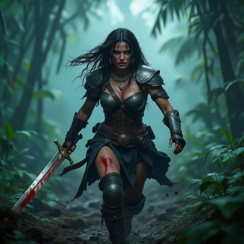 Fleeing Warrior Woman in Mist-Shrouded Rainforest