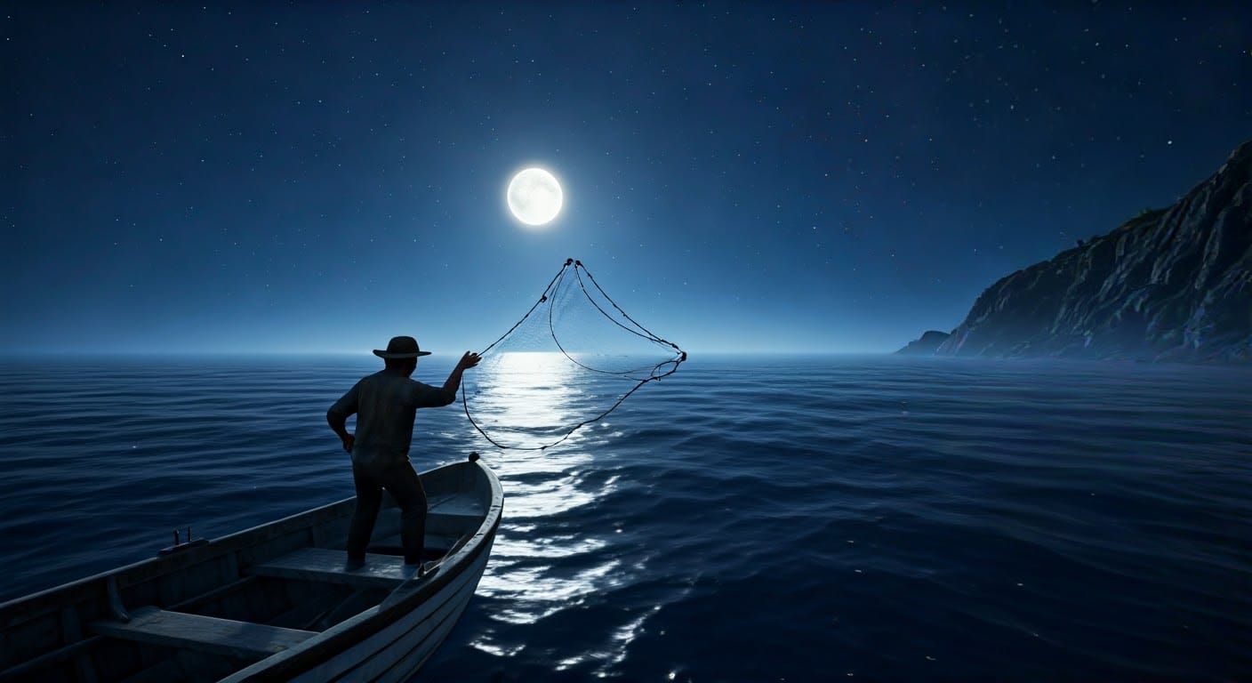 Moonlit Fisherman Casting Net: Watercolor in Unreal Engine