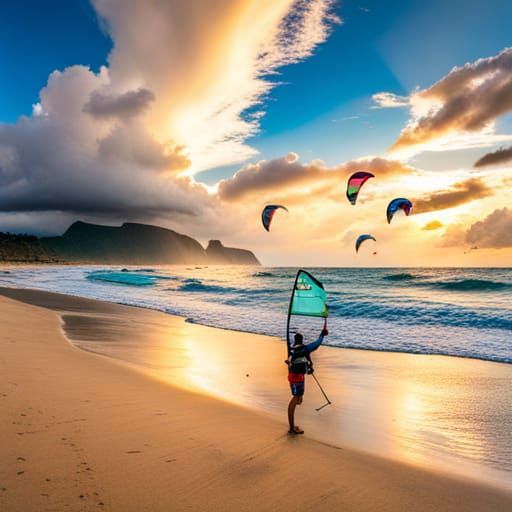 Kitesurfers and Paddleboarders on a Windy Beach