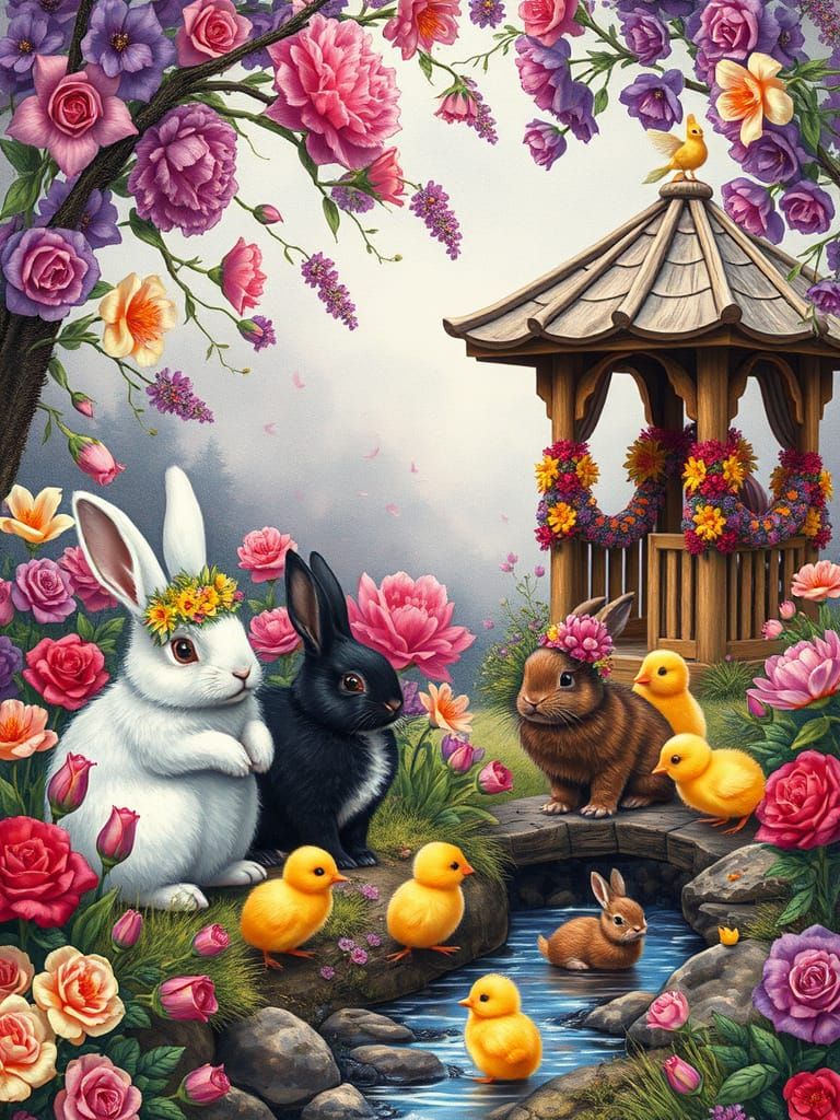 Enchanted Fairy Garden Tea Party Charcoal Drawing