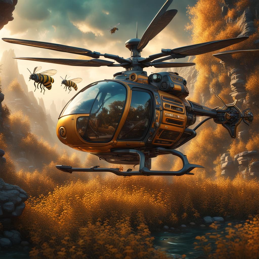 Bee Helicopter Transporting Honey: Detailed Matte Painting