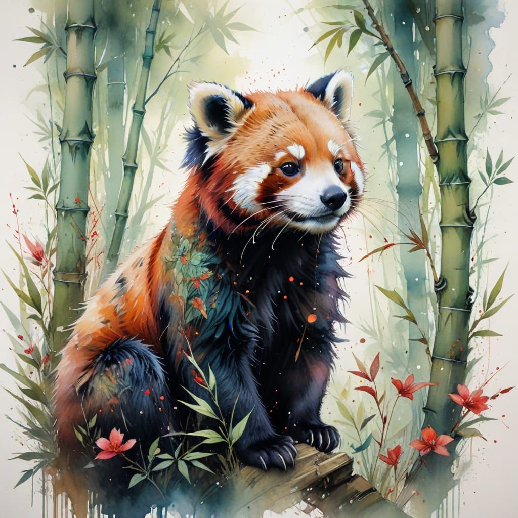 Ethereal Bamboo Shrine with Curious Red Panda