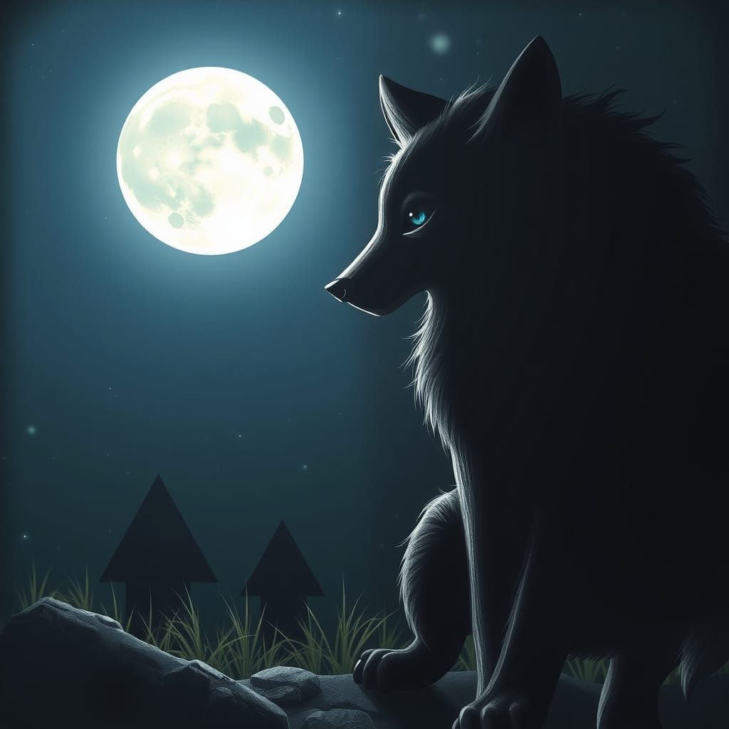 Shadow Wolf Gazing at the Moon, Digital Art