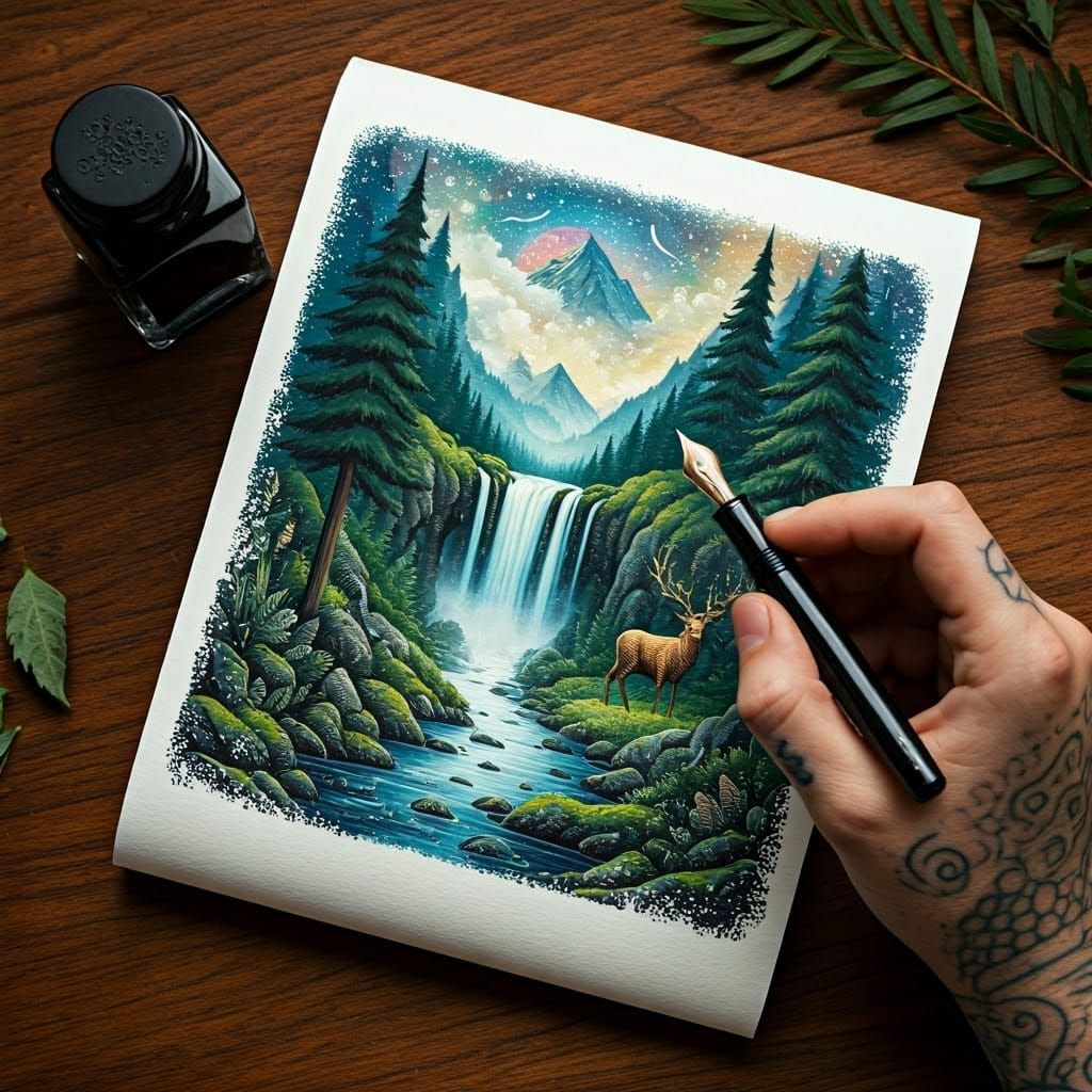 Mountain Landscape Illustration with Fountain Pen