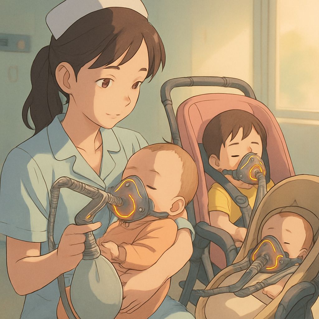Anime Nurse Cradles Infant with High-Tech Mask