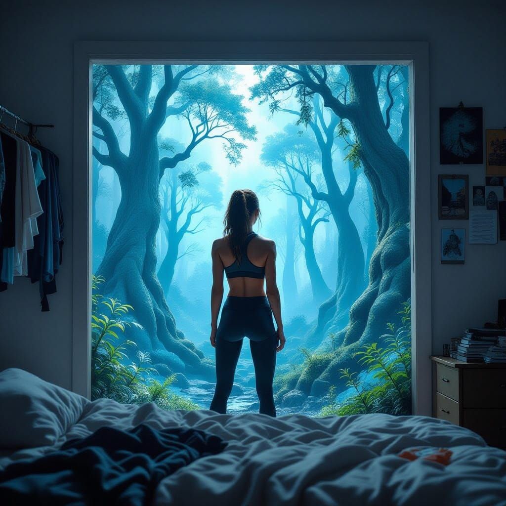 Fit Woman Gazing into a Shimmering Portal to a Mystical Fore...