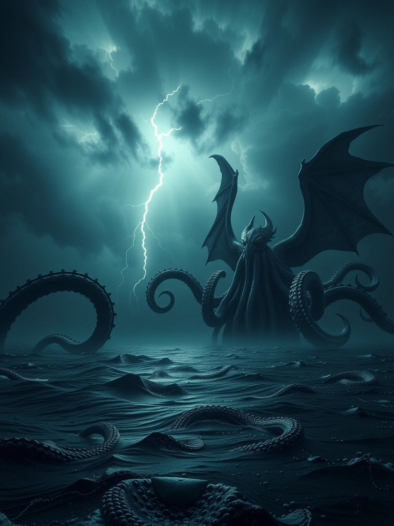 Kraken and Cthulhu Clash in Dark Ocean