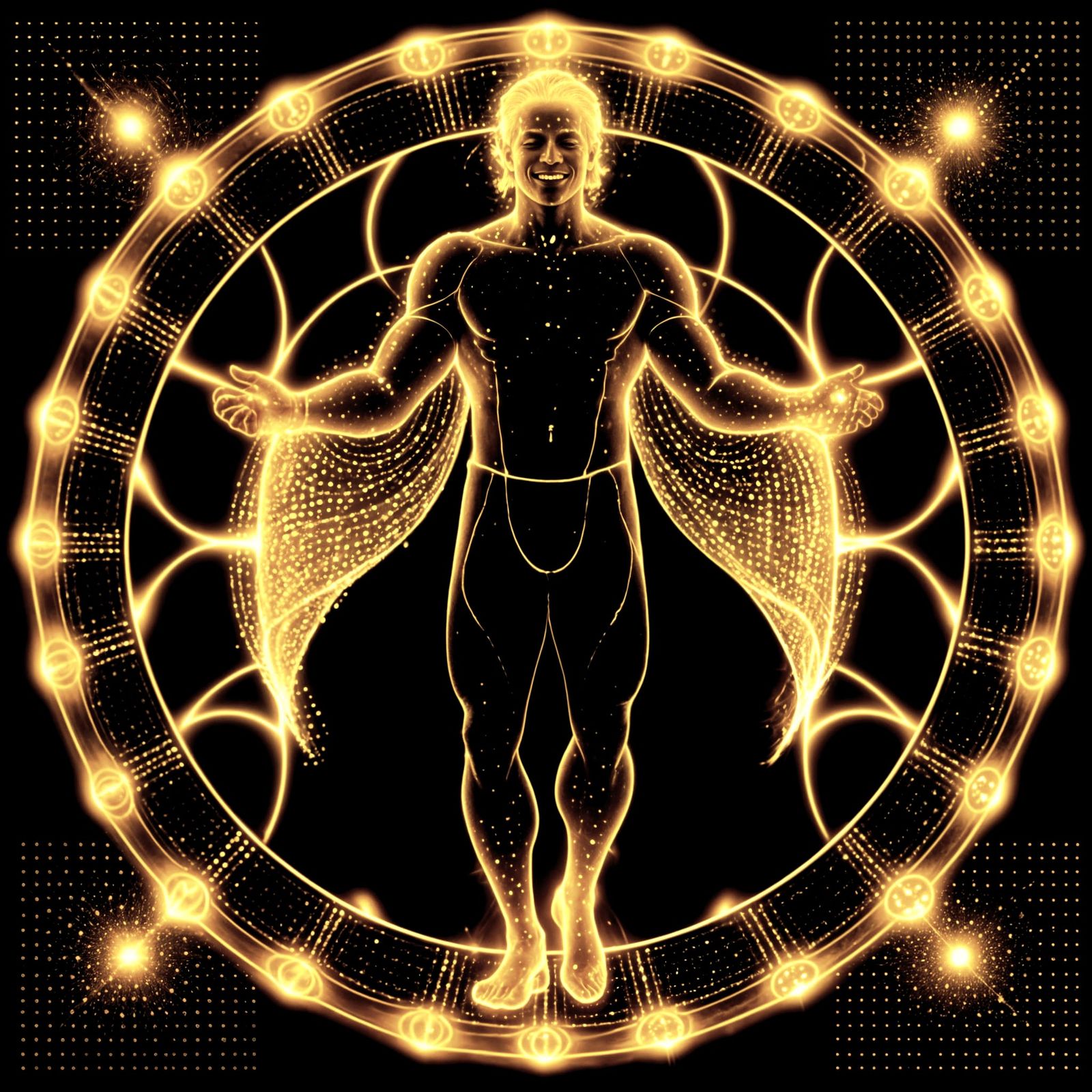 Golden Being Reaches Nirvana in Grid of Light