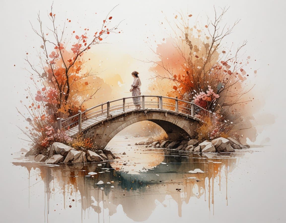 Blossom Bridge Over Golden River at Sunset