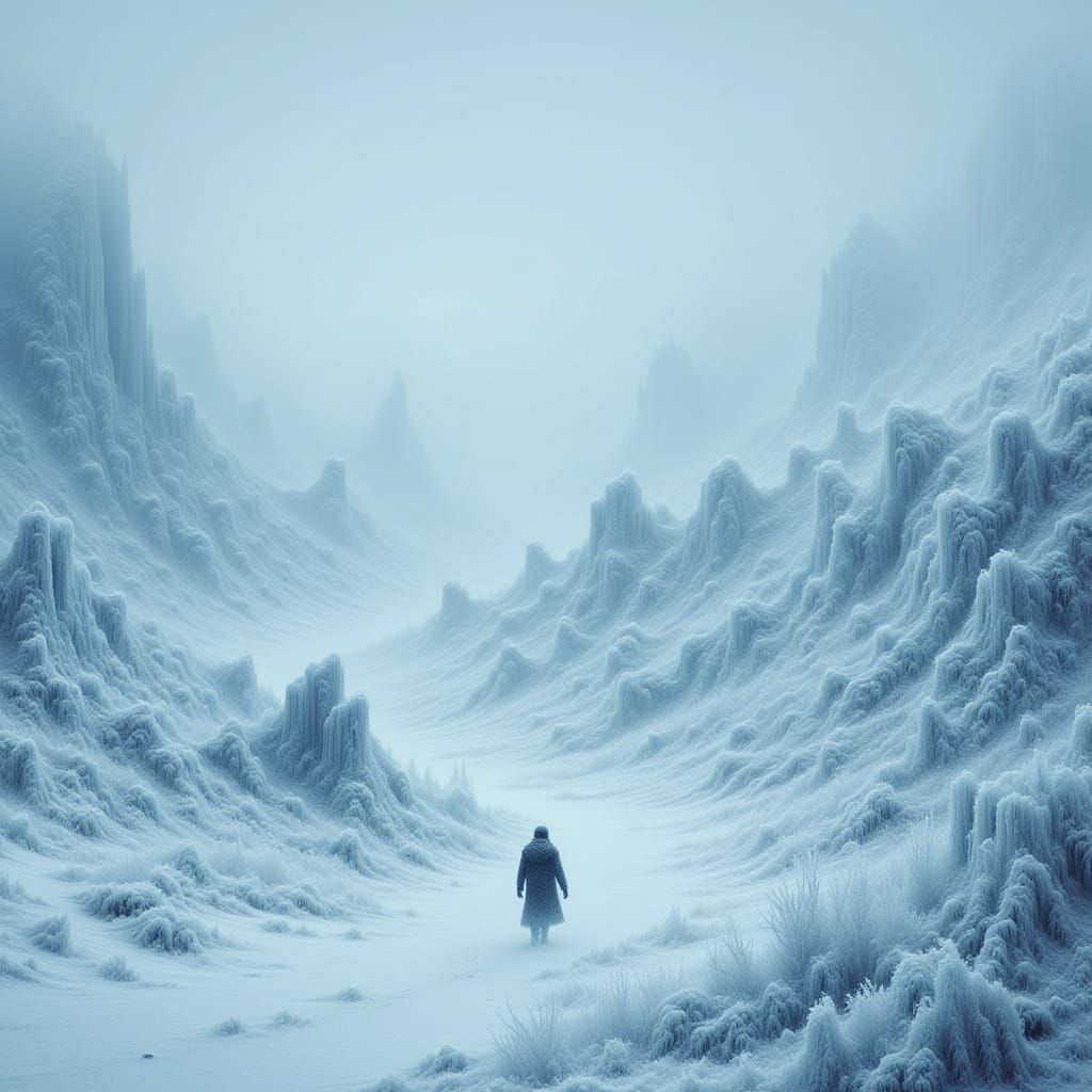 A frozen landscape, dreamlike with soft edges, but bitterly ...