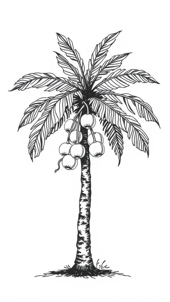 Palm Tree with Gourds: Stylized Ink Drawing