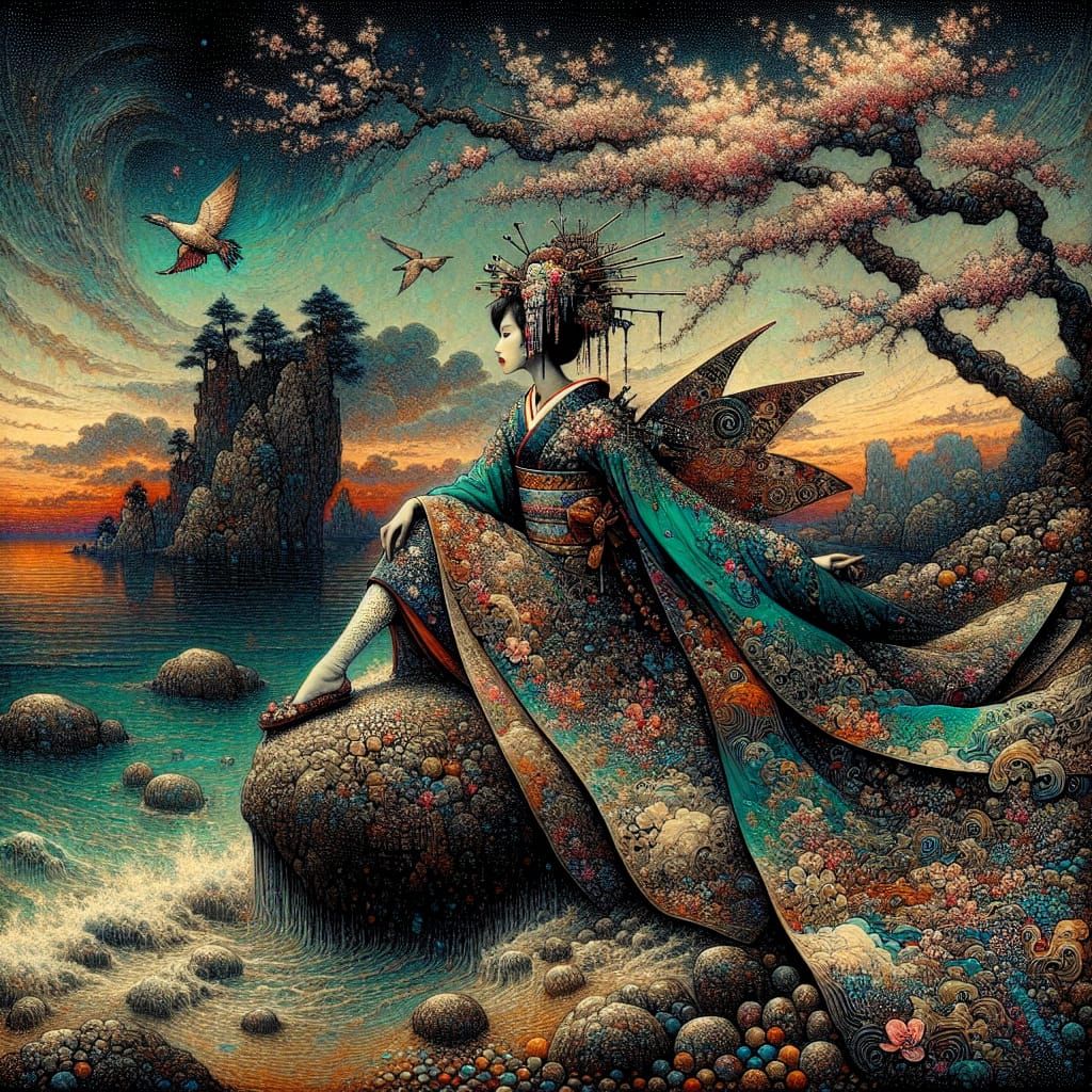 Japanese Noblewoman in Kimono at Sunset: Impasto Painting